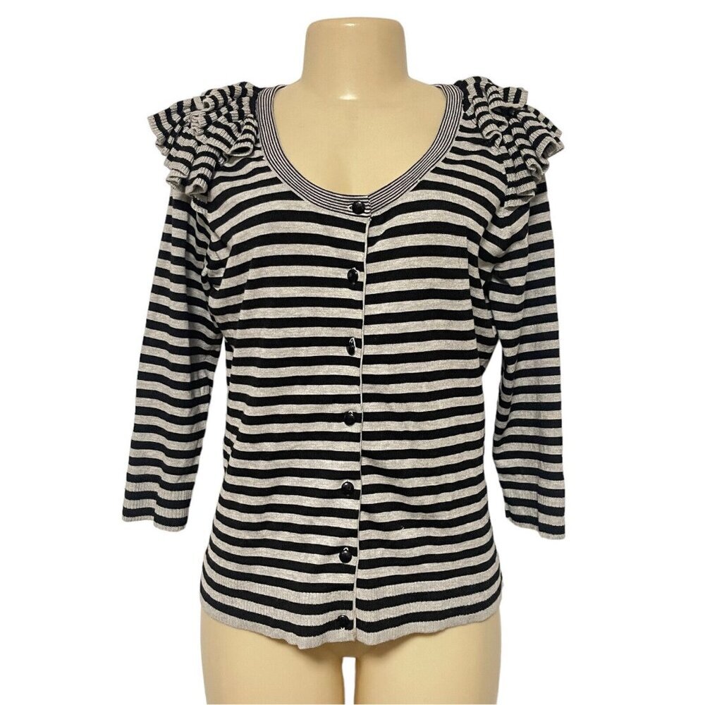 MOSCA Black Greige Cardigan Tiered Layered Ruffle Shoulder Striped 3/4‎ Sleeve